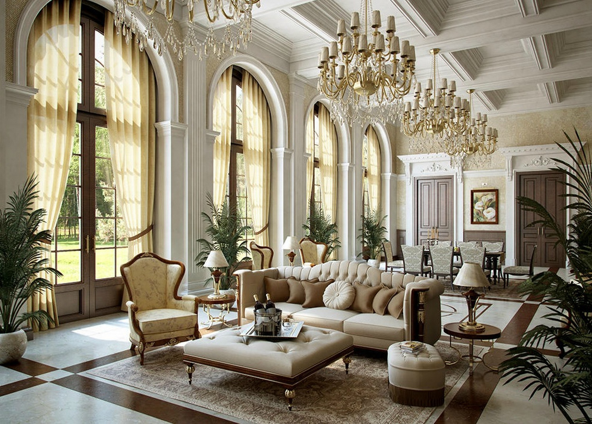 Phòng khách tân cổ điển với tone màu trắng chủ đạo kết hợp đồ nội thất cao cấp tôn lên vẻ sang trọng cho ngôi nhà 