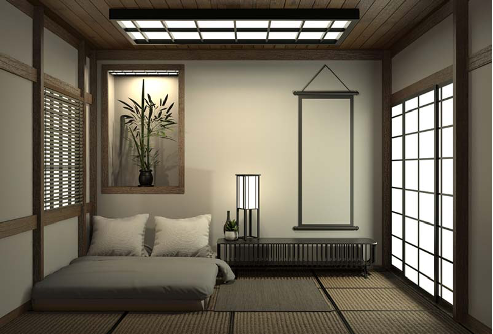 Mẫu phòng ngủ theo phong cách Nhật Bản với nội thất chủ yếu là tre nứa đơn giản, thân thiện