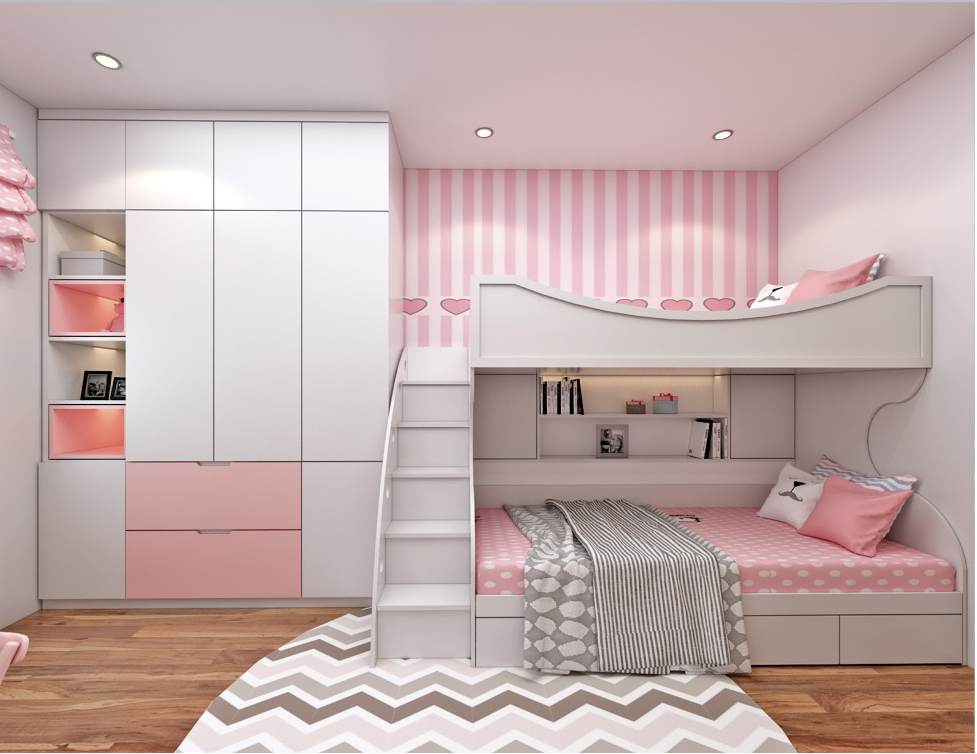 Bố trí phòng ngủ theo tone hồng có giường đôi dành cho 2 bé