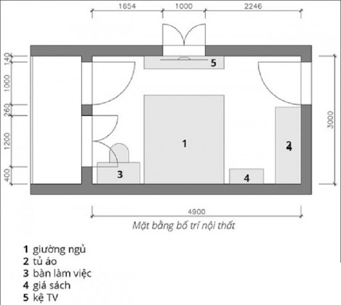 Bản vẽ cách bố trí nội thất dành cho phòng ngủ 16m2 có ban công