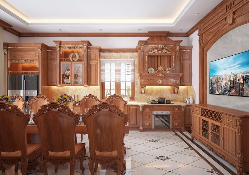 Mẫu nội thất phòng bếp thiết kế từ gỗ tự nhiên đem đến cảm giác sang trọng, đẳng cấp cho gia chủ