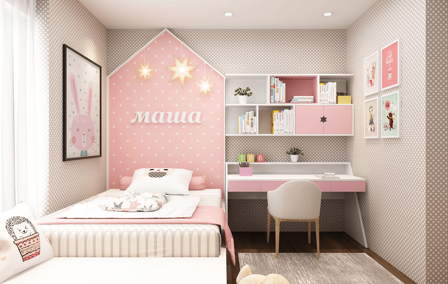 Phòng ngủ tông màu hồng - trắng, thiết kế đầu giường cá tính, cùng giấy dán tường trang trí họa tiết bắt mắt