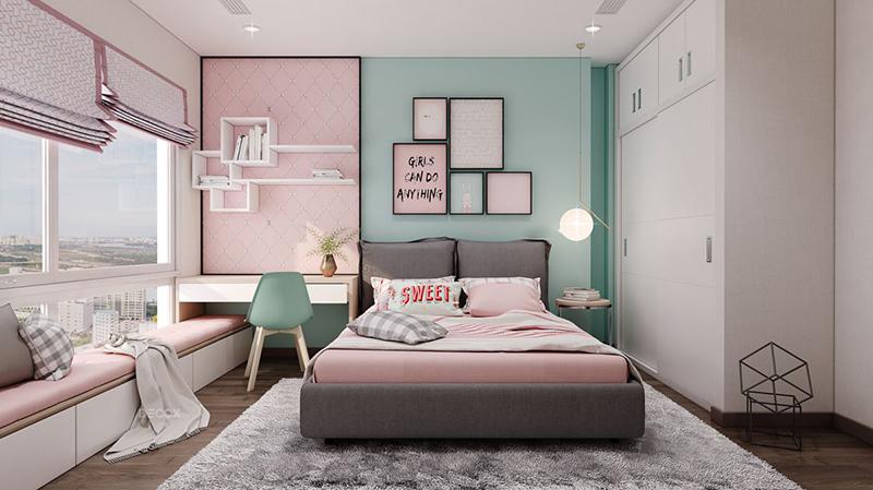 Phòng ngủ thiết kế theo phong cách hiện đại với điểm nhấn là gam màu hồng - xanh pastel tạo sự hài hòa, dễ thương