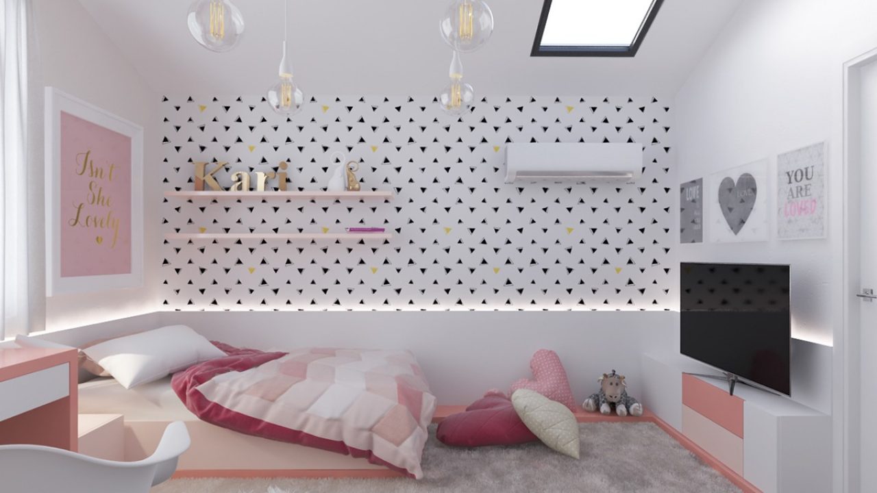 Phòng ngủ với gam màu trắng được bày trí các nội thất màu hồng đáng yêu, xinh xắn