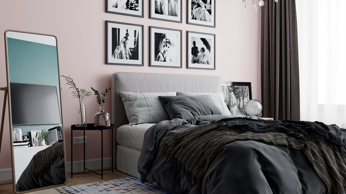 Phòng ngủ gam màu hồng và đen được kết hợp độc đáo, lạ mắt