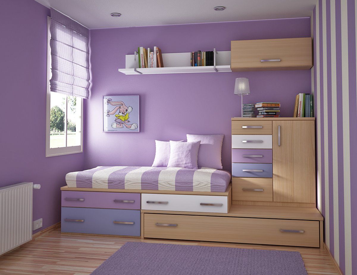  Bố trí giường thông minh với tông màu tím pastel nhẹ nhàng và hiện đại