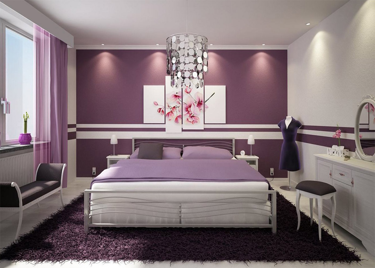 Thiết kế phòng ngủ màu tím tối giản kết hợp màu trắng