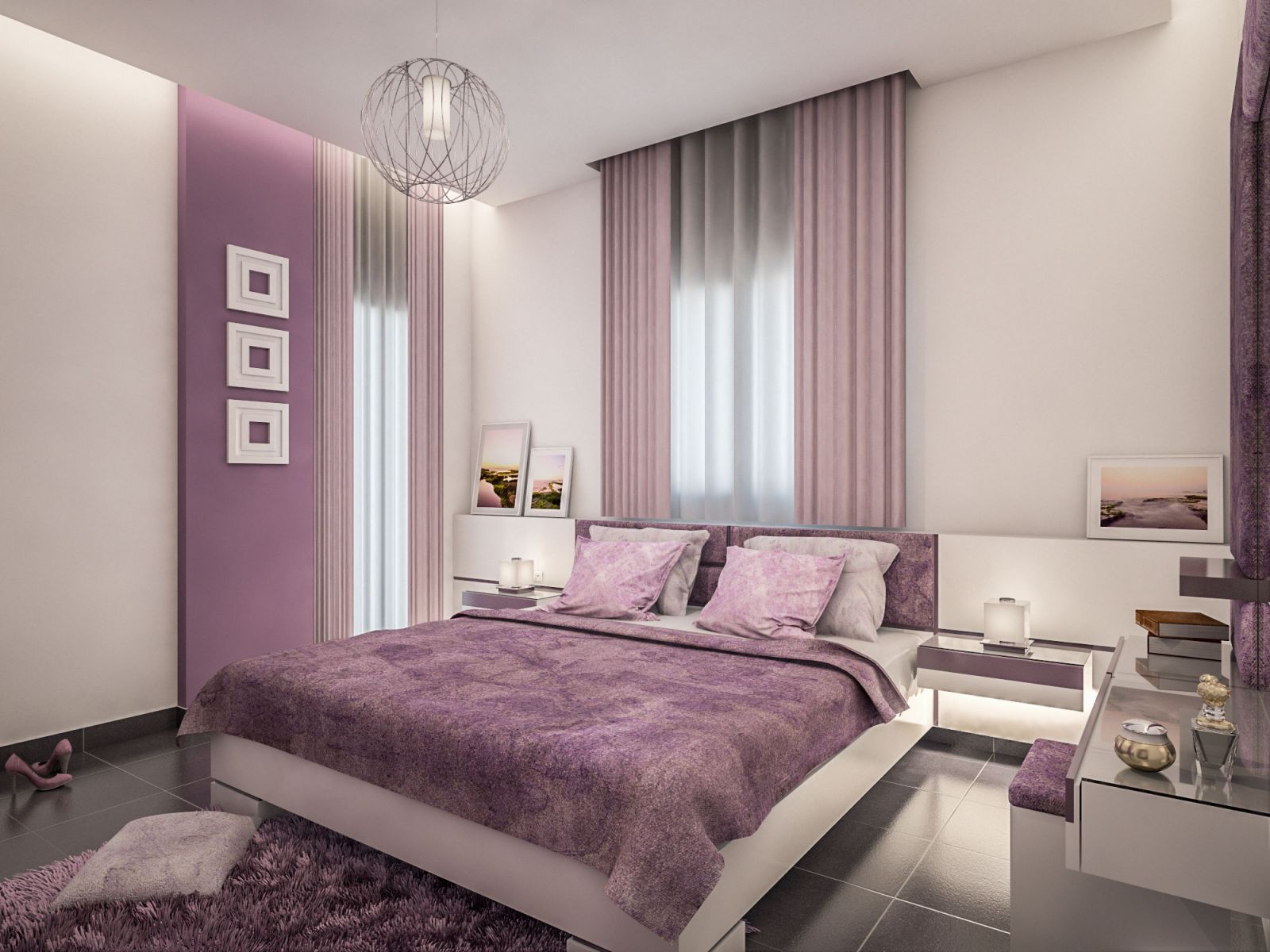 Bố trí nội thất màu tím với chất liệu nhung cho phòng ngủ