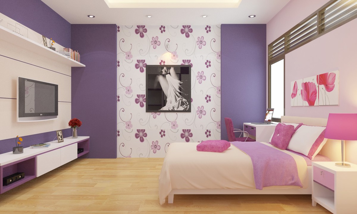 Thiết kế phòng ngủ màu tím đơn giản