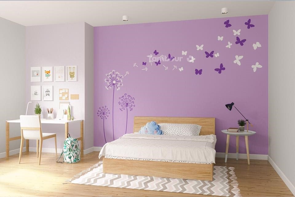 Thiết kế phòng ngủ màu tím kết hợp hình vẽ tường