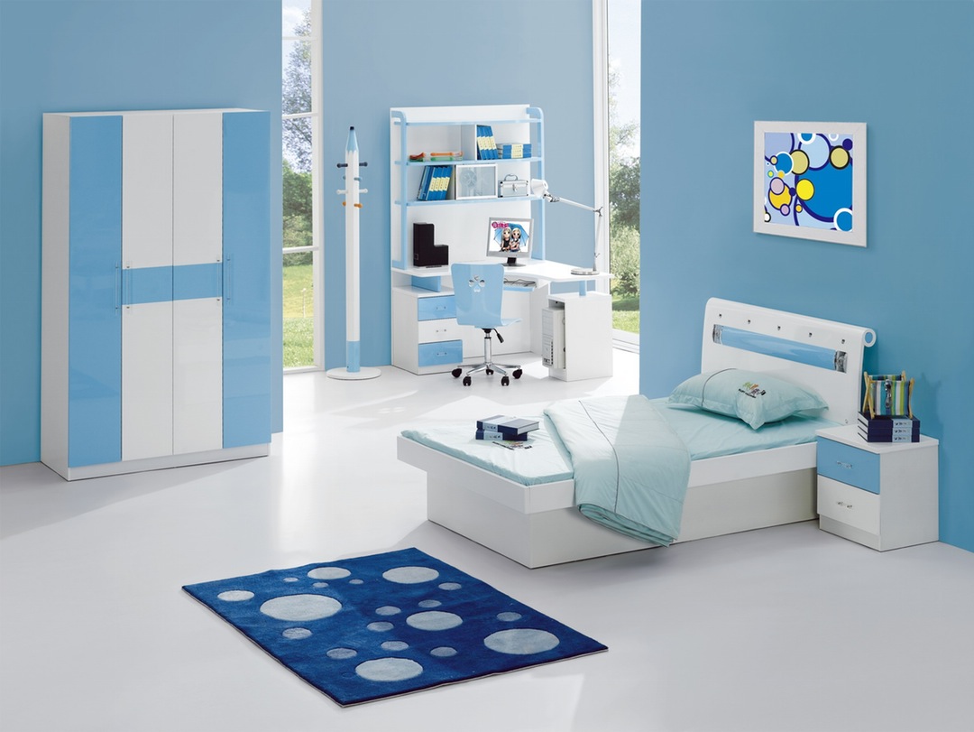 Thiết kế phòng ngủ màu xanh dương với nội thất đơn giản, hiện đại