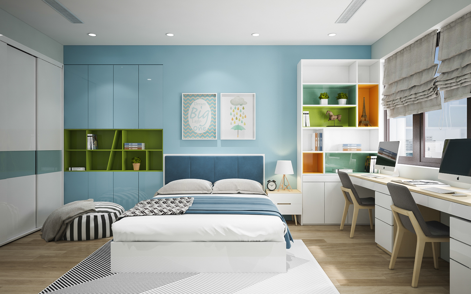 Phòng ngủ màu xanh dương kết hợp tủ và kệ âm tường giúp tiết kiệm diện tích