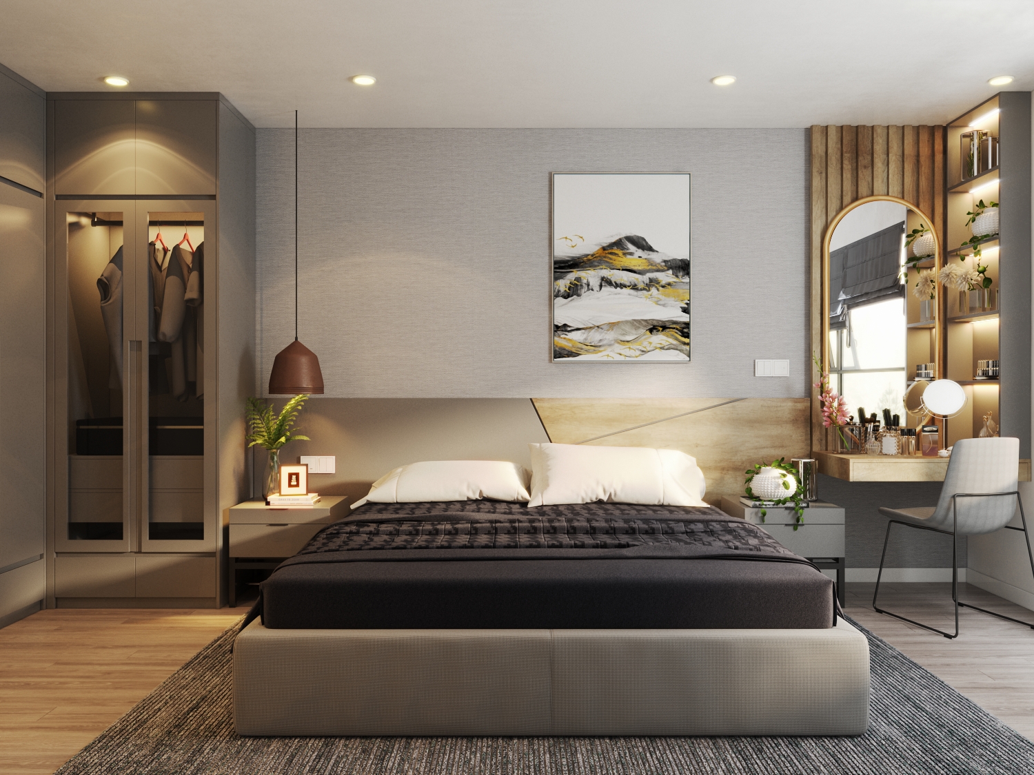 Phòng ngủ với các nội thất đặt sát tường tạo nhiều khoảng trống cho sinh hoạt, đi lại