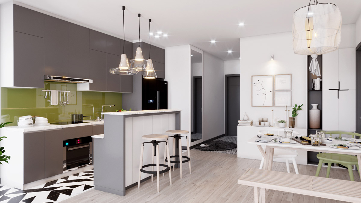 Phòng bếp được thiết kế với các nội thất thông minh đem lại sự tiện nghi cho các thành viên trong gia đình