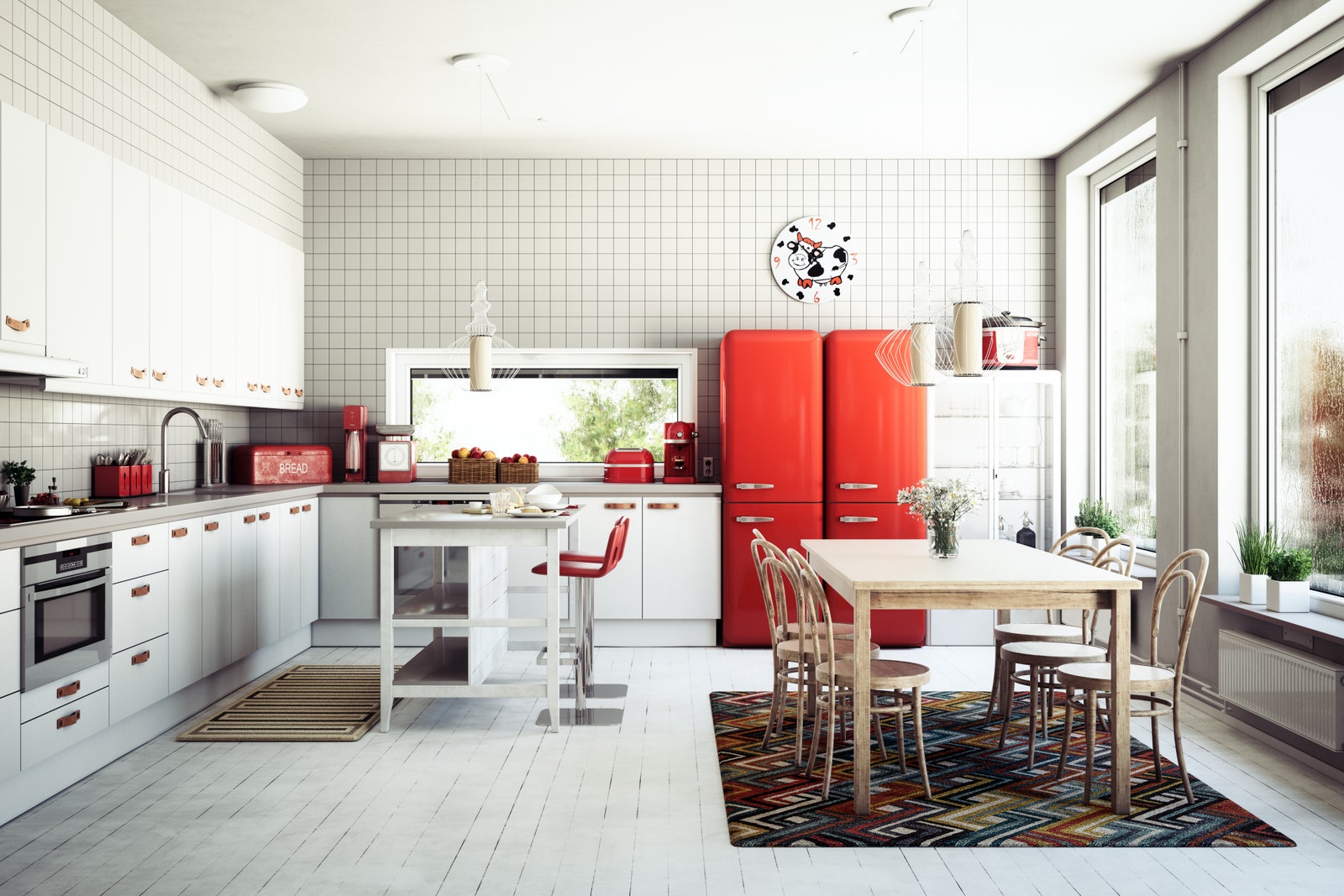 Không gian phòng bếp màu trắng tinh tế, nổi bật hơn nhờ thảm trải sàn và các đồ nội thất màu nóng
