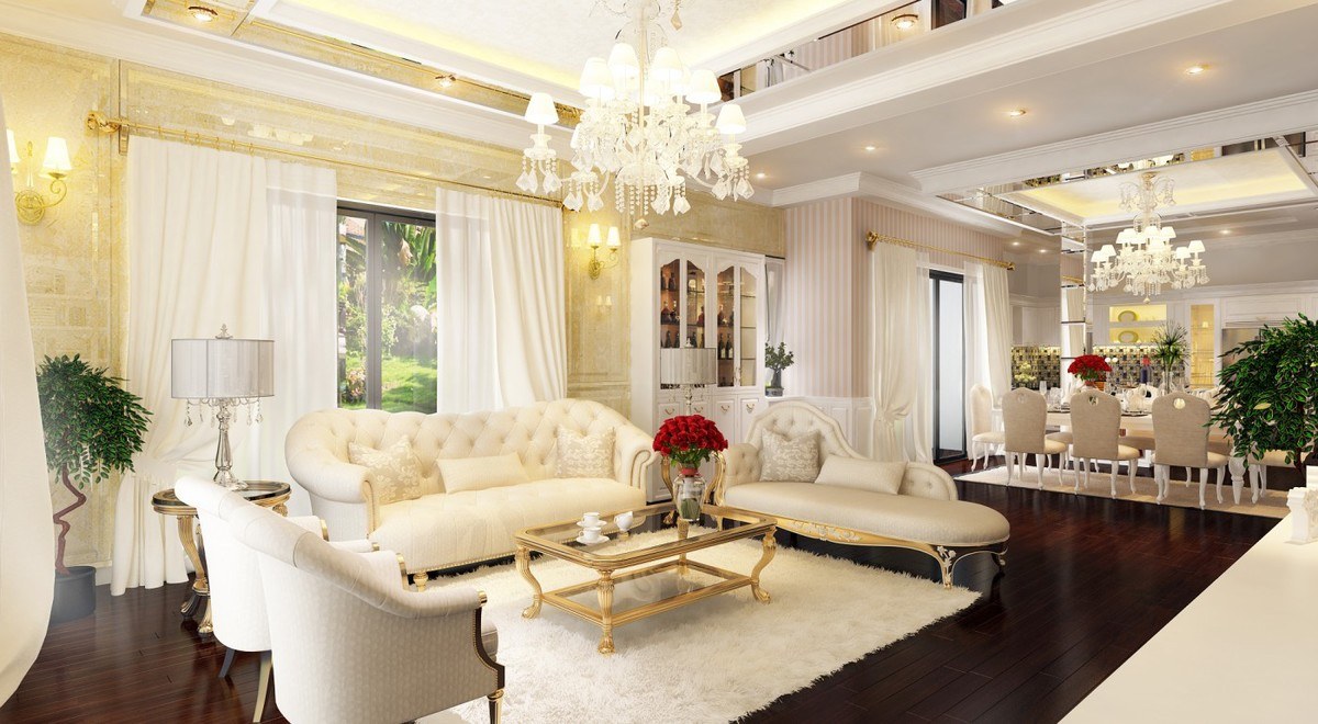 Thiết kế nội thất phòng khách với gam màu trắng kết hợp đèn chùm treo trần nổi bật 