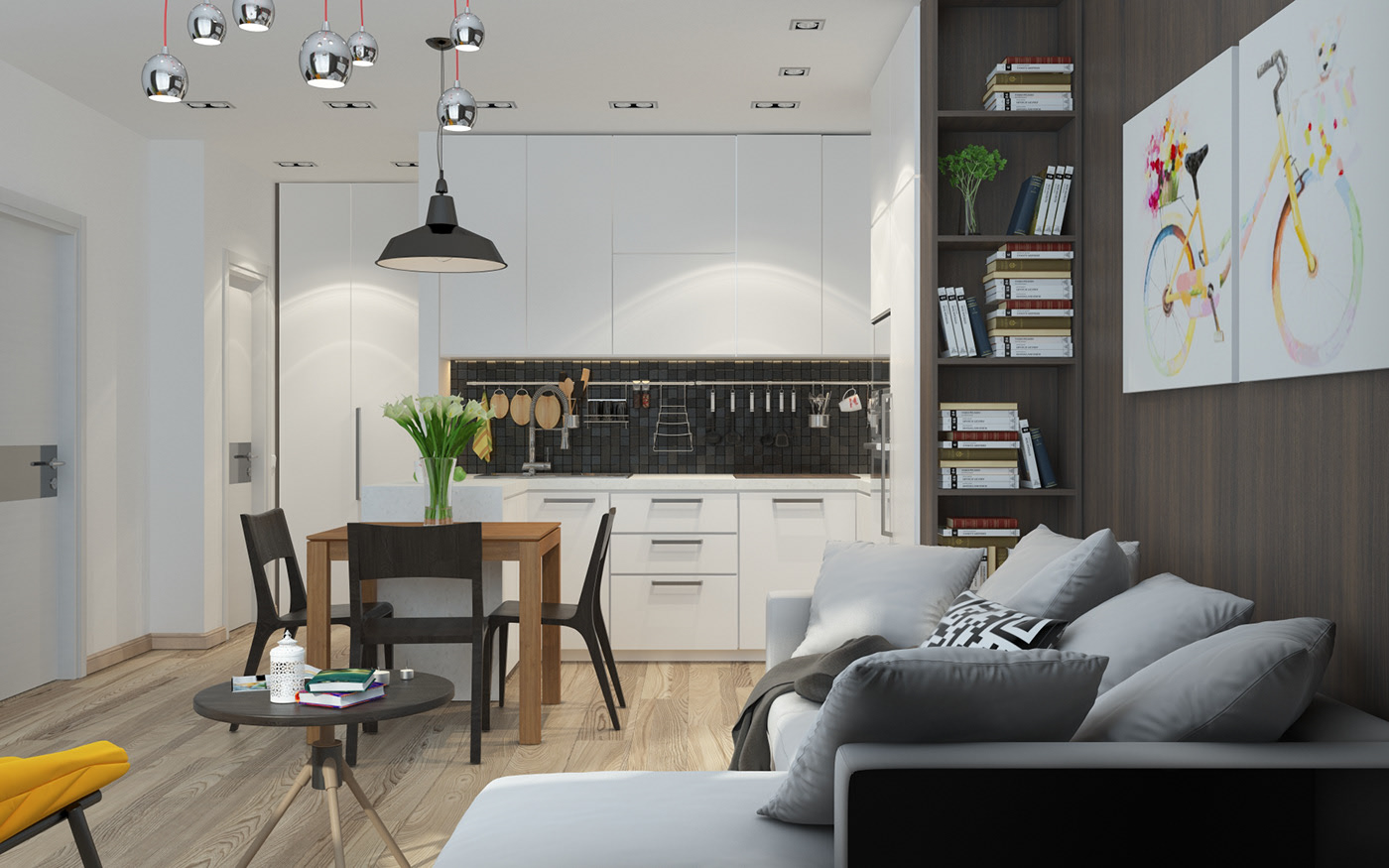 Phòng bếp thiết kế liền kề phòng khách với gam màu cùng tone căn nhà