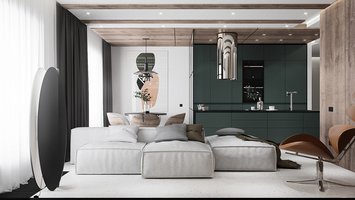 Phòng khách và phòng bếp được thiết kế 2 gam màu tương phản là trắng và xanh cực kỳ ấn tượng