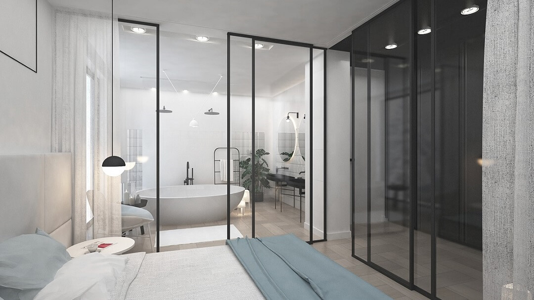 Thiết kế phòng ngủ 12m2 kết hợp toilet có cửa kính phong cách hiện đại đặt cạnh giường ngủ