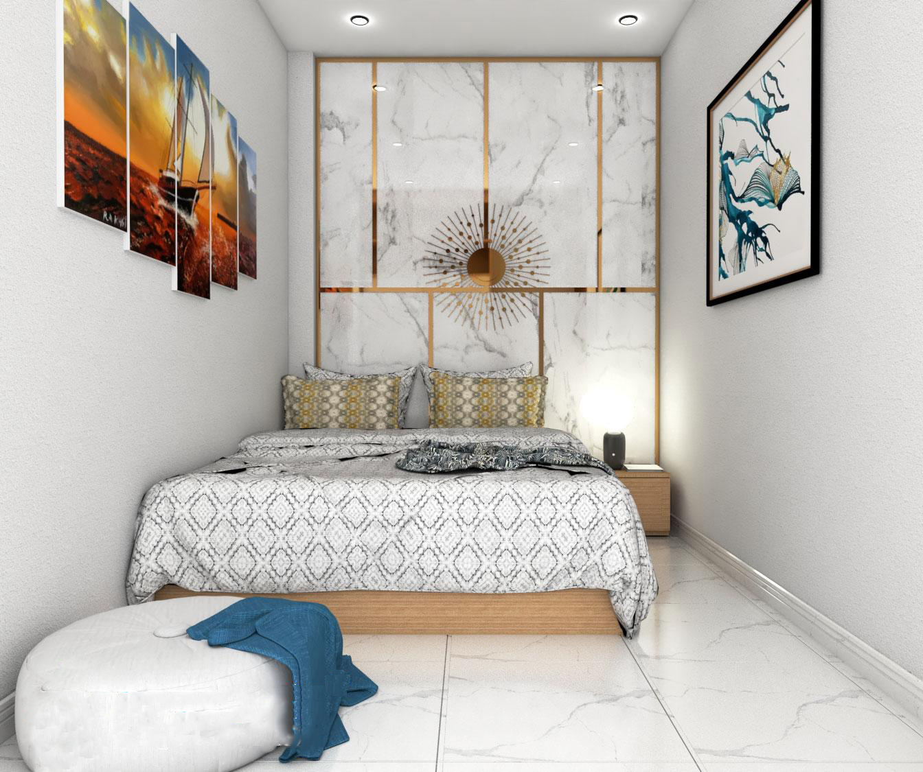 Phòng ngủ 10m2 được lót gạch trắng sang trọng và sàn nhà bóng nên dễ dàng cho việc vệ sinh