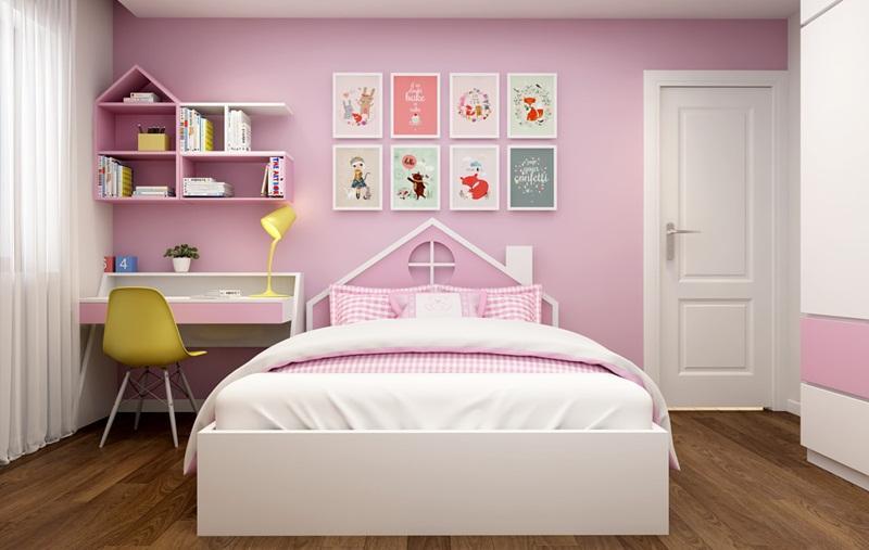 Phòng ngủ 10m2 được thiết kế giường đơn với tone màu hồng ngọt ngào, dễ thương